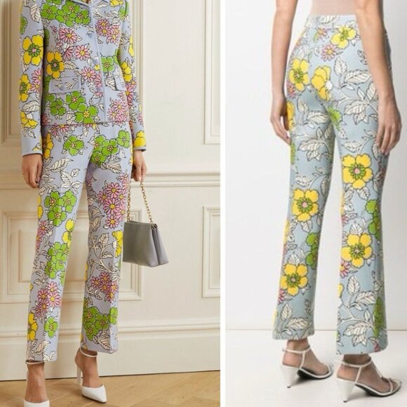 TORY BURCH Printed Twill Crepe Flared Pants | Blue Floral Wallpaper | NWT | 0 - Picture 1 of 12